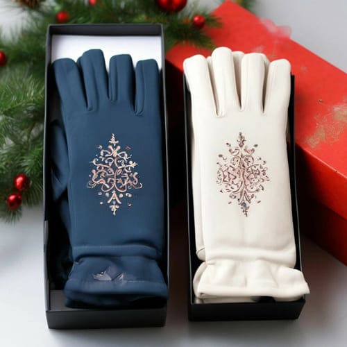 Тёмно синие и бежевые именные перчатки в коробке