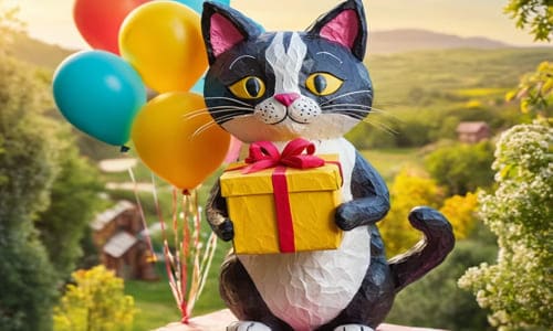 Картинка котик из бумаги держит в лапках коробку с подарком