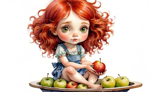 Картинка девочка с яблоком сидит в большой чаше с зелёными яблоками, рисунок