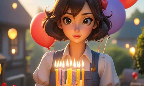 Девушка дочка на фоне воздушных шаров с тортом и свечками