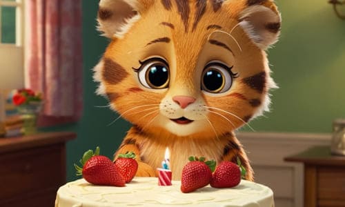 Картинка тигрёнок нарисованный у тортика с клубникой, обложка для дочери день рождение