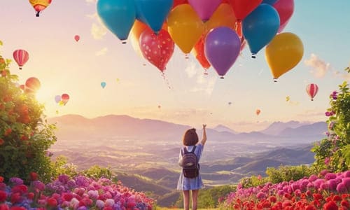 Девочка с воздушными шарами стоит на фоне природы, горы и цветы