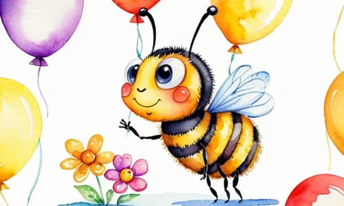 Нарисованная пчёлка с цветами и воздушными разноцветными шарами