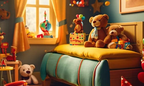 Детская комната в доме, кровать с игрушками, медведь, обложка для поздравления дочери