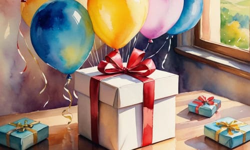 Картинка акварель коробка с подарками и воздушные шары