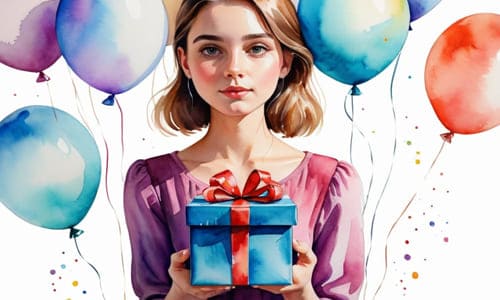 На картинке девушка дочка держит в руках подарочную коробку на фоне воздушных шаров, картинка акварель