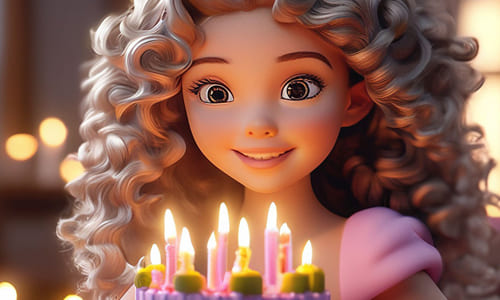 Девушка удивлённо смотрит на торт со свечками