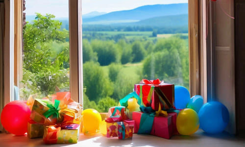 Подарки и шары воздушные на окне на фоне природы