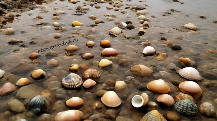 Ракушки лежал в воде у моря разного размера