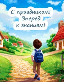 Яркая картинка открытка с пожеланием на 1 сентября, мальчик по дороге идёт в школу с рюкзаком