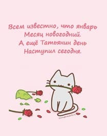 На розовом фоне изображён нарисованный котёнок , который держит в зубах цветок розы и текст поздравления для Тани