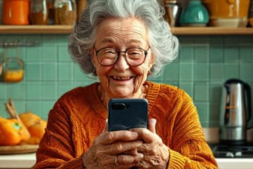 на кухне бабуля читает со смартфона поздравления