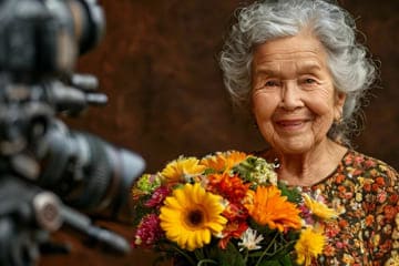 бабуля с цветами на фотосессии