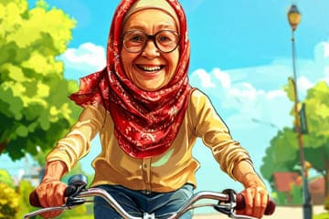 бабушка на велосипеде едет по улице в платке