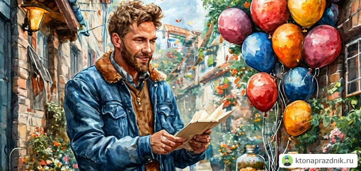 Акварель парень читает открытку с шарами