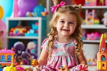дочка среди игрушек в комнате