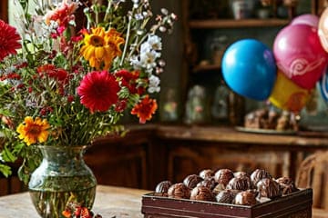 на кухне цветы в вазе, воздушные шары и коробка конфет