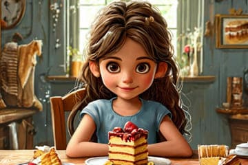 девочка сидит на кухне с кусочком торта