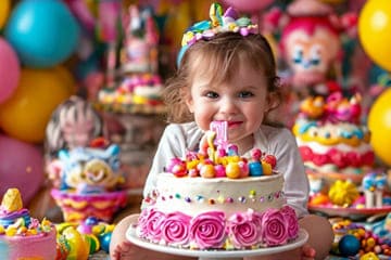 маленькая девочка среди торта и шаров