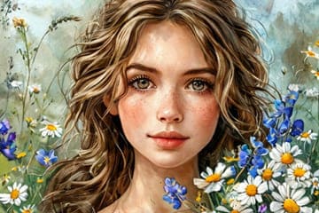 девушка держит ромашки в руках