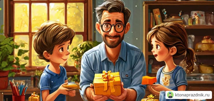 Дети подарили папе на день рождения жёлтую коробку с подарком