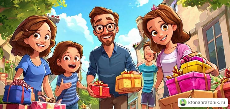 Папа среди семьи которая дарит ему коробки с подарками