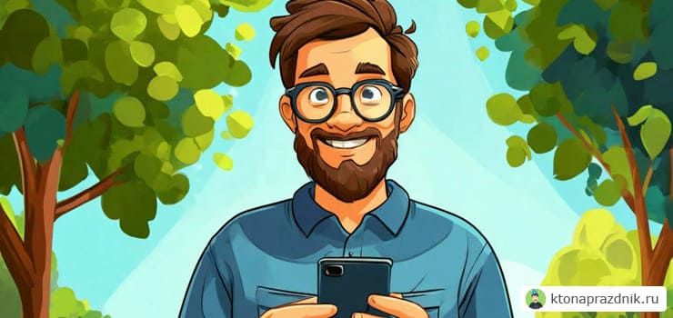 Весёлый мужчина папа получил на смартфон короткое поздравления