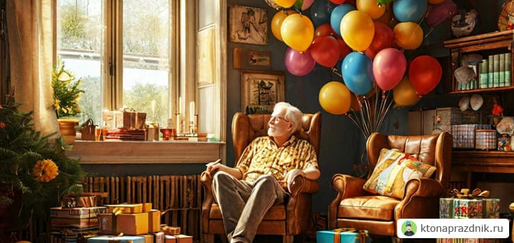 Мужчина папа сидит в кресле рядом воздушные шары праздник 75 лет