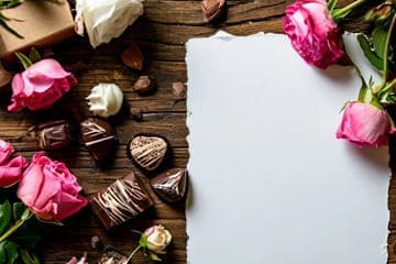 конфеты, цветы и стих на бумаге