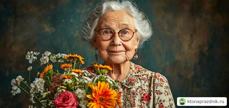Бабушка в очках с цветами отмечает 90 лет
