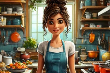 девушка в переднике на кухне стоит