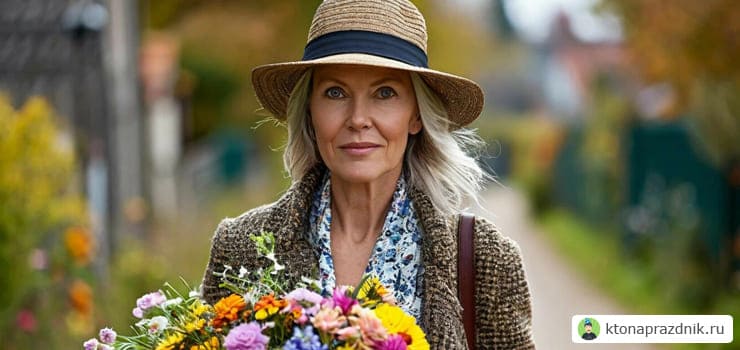 Женщина в шляпе с цветами в 45 лет