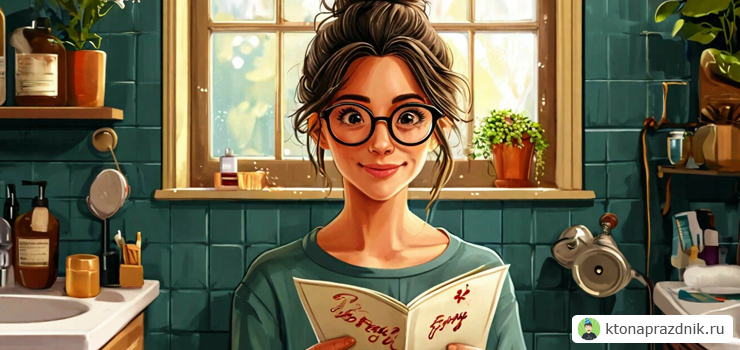 Молодая тётя в очках читает поздравительную открытку