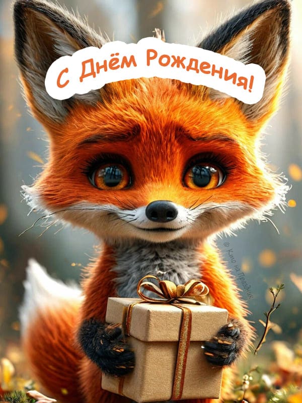 Открытка с поздравлением милый лисёнок с огненными глазами держит в лапках коробку с бантом