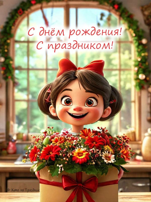 Радостная девочка на кухне рядом с коробкой подарка и цветами на ней илюстрация