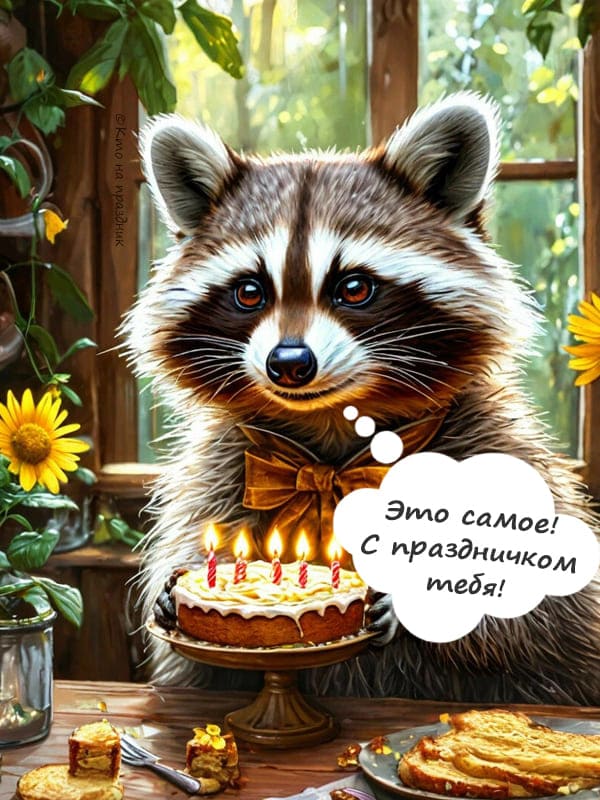 Добрый енот на кухне держит лапками торт