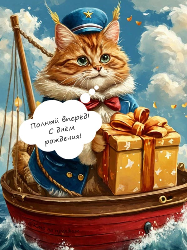 Нарисованный кот на корабле с коробкой подарка плывет по морю