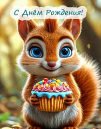 рыжая нарисованная белка с кексом