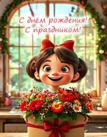 девочка с красным бантом и коробкой с подарком и цветами