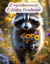 енот в лапах держит полевые цветы бежит по тропе