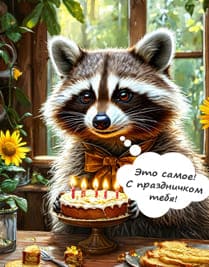 енот на кухне с бантом лапами держит торт