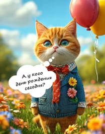 рыжий котик в костюме на полянке с шарами