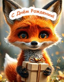 лисёнок в лесу стоит и держит в лапках подарочную коробку