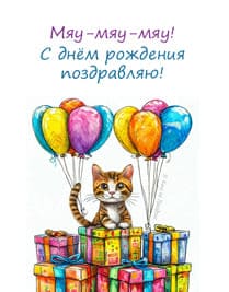 коробки с подарками, воздушные шары и нарисованный кот в полоску