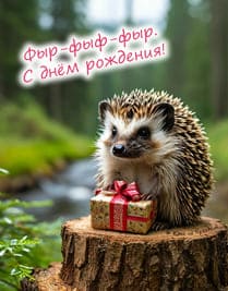 ёжик на пенёчки в лесу с подарком