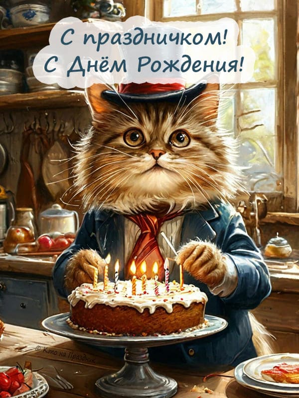 Иллюстрация кот в шляпе на кухне и костюме зажигает свечки на торте