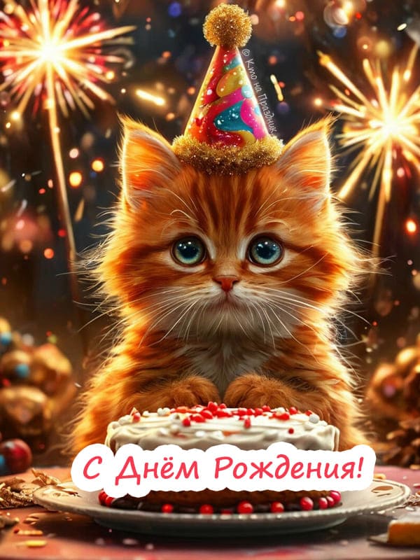 Рыжий кот в колпаке день рождения на фоне салюта с тортом