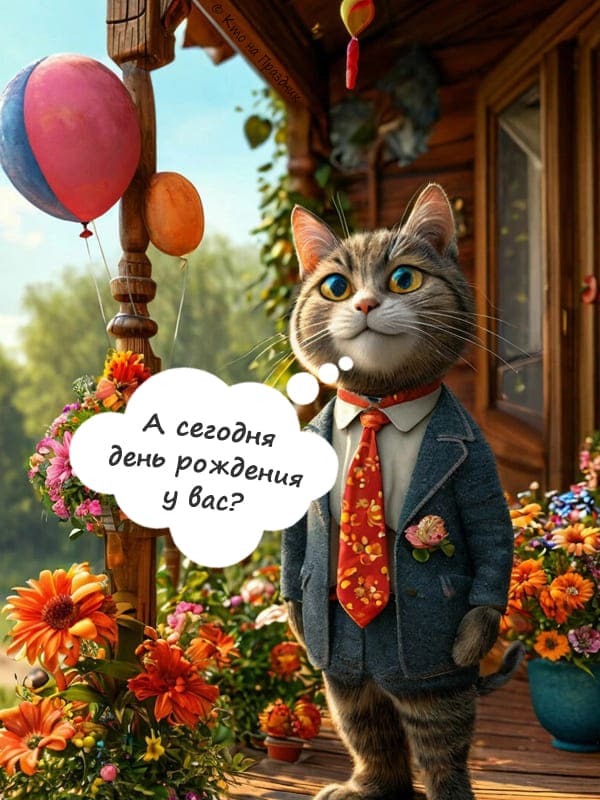 Красивый нарисованный кот стоит на крыльце дома в костюме и спрашивает у кого день рождения