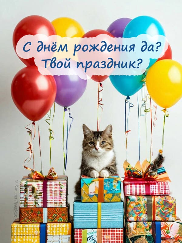 На сером фоне кот на коробках с подарком и воздушными шарами