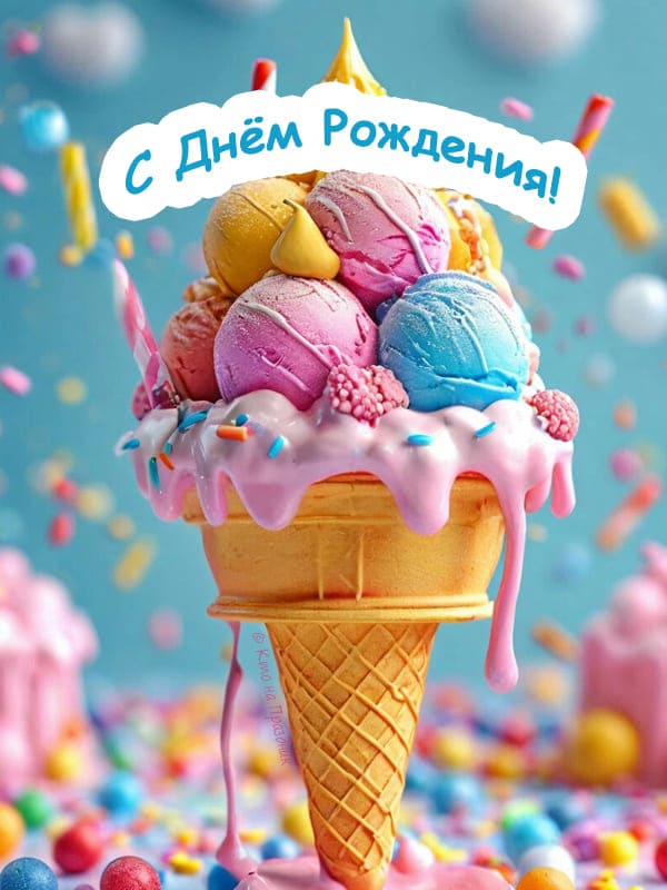 Большой вафельный рожок на фоне сладостей, шарики разноцветного мороженого